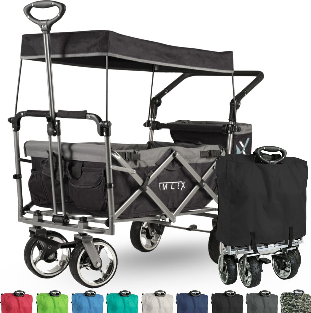IMLEX Bollerwagen faltbar mit Dach IM-4268 Schwarz | Hohe Stabilität bis 80kg, 1X 3-Punkt Gurtsystem | Handwagen klappbar mit Schiebegriff ideal f...