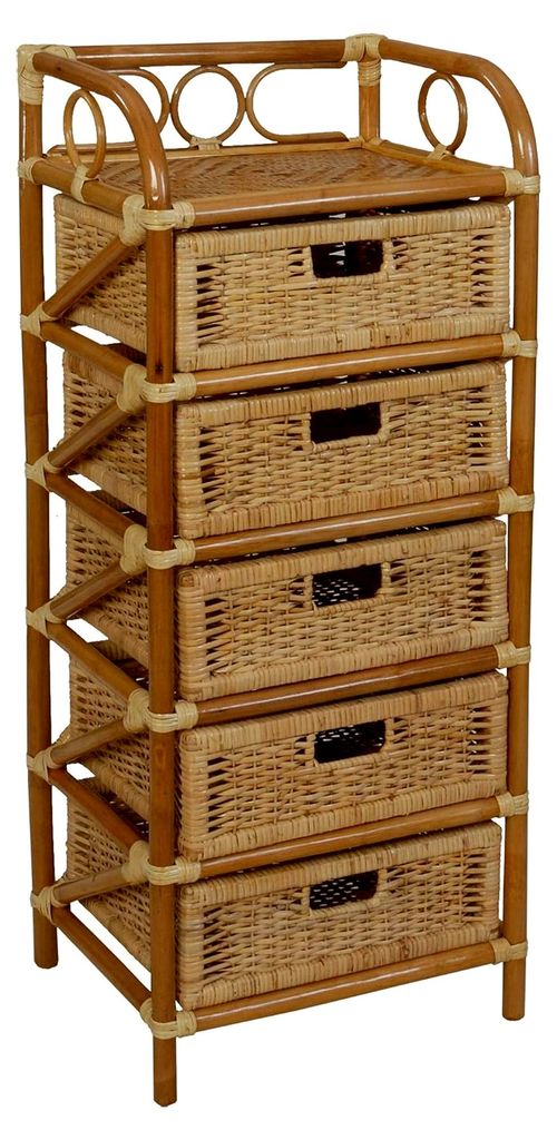 Rattan Kommode mit 5 Schubladen, 112 cm hoch, 46 cm breit, 36 cm tief