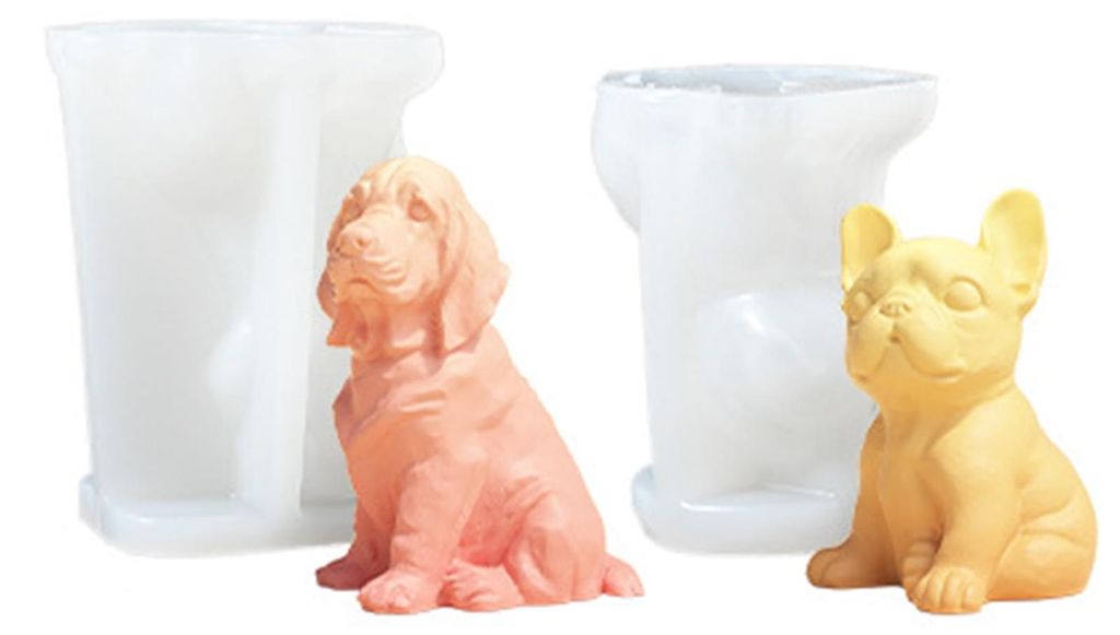 Teile von 3D-Silikonformen in Form eines Hundes, geeignet zum Dekorieren von Kuchen, Schokolade, Seife, Sojawachskerzen und Bastelprojekten.