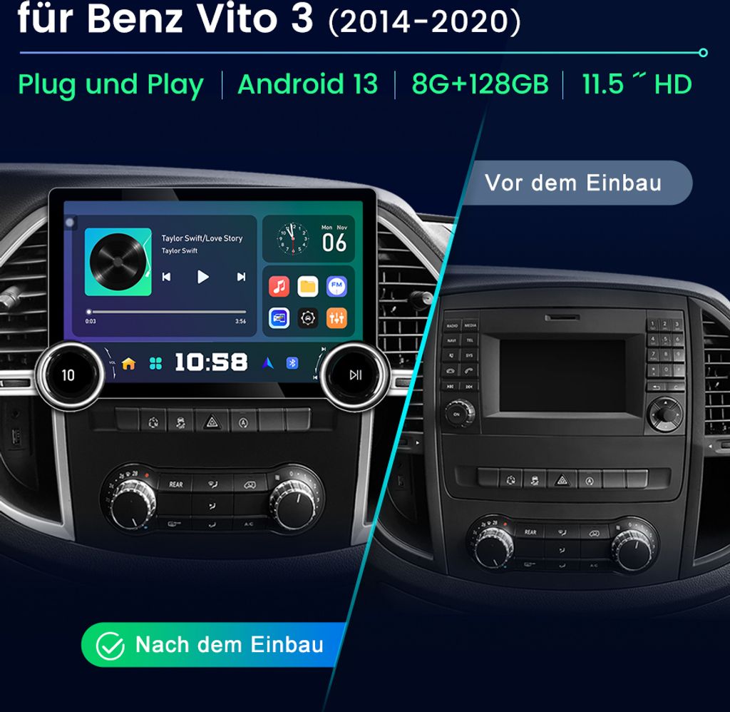 Compatible With: Mercedes Vito W447 12.3 Inch Touchscreen Android Car Radio GPS Navigation CarPlay