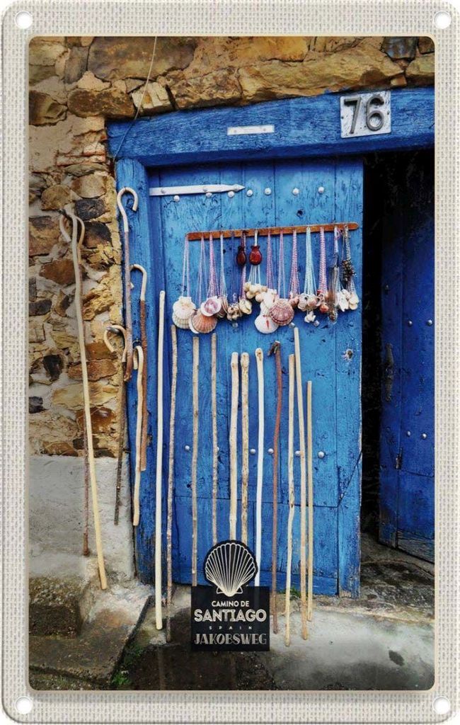 vianmo Blechschild 18x12 cm Spanien Muscheln blaue Tür Gehstock Bildmotiv Reisemotiv Abenteuer Reisen Urlaub