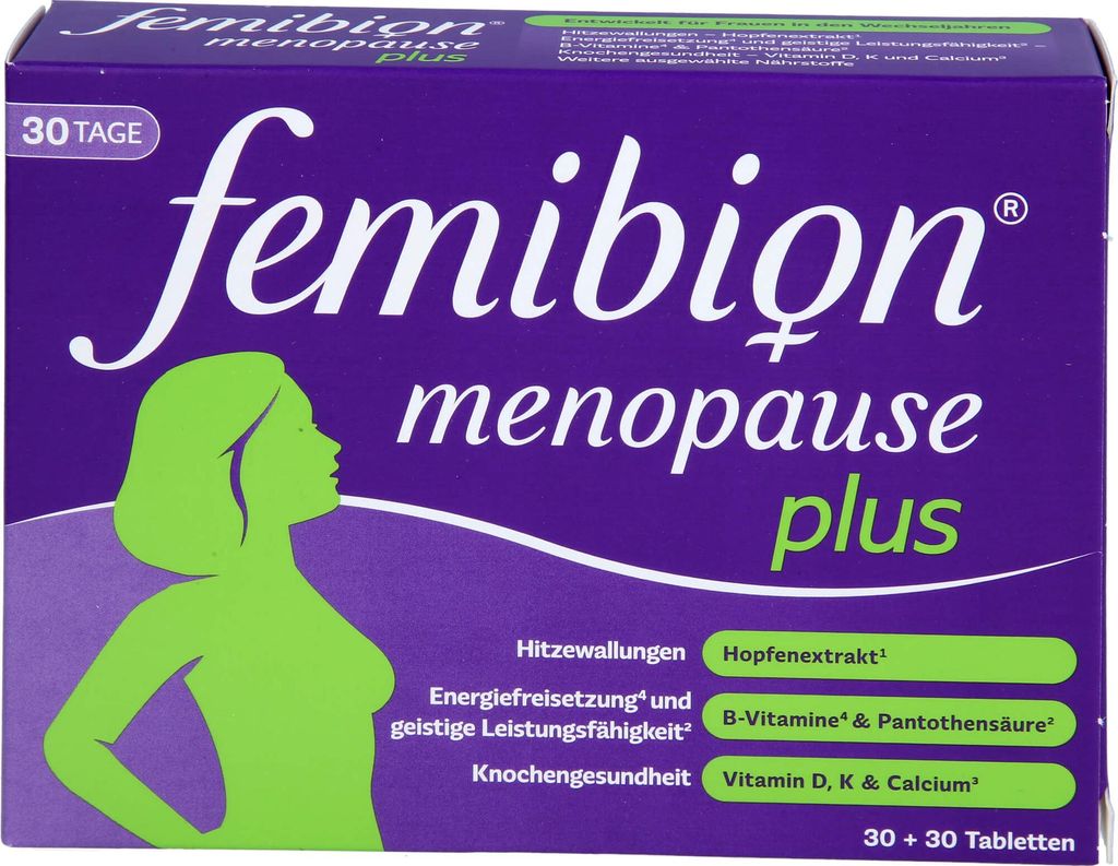 The image shows the front of a product box for Femibion Menopause Plus tablets.