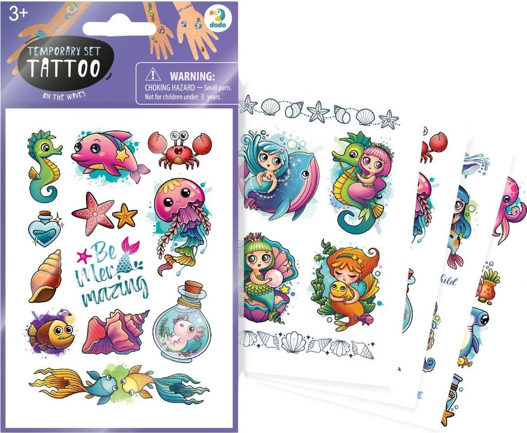 Set Temporäre Tattoos "Sea Fun" 4 Blätter Mit Bunten Designs