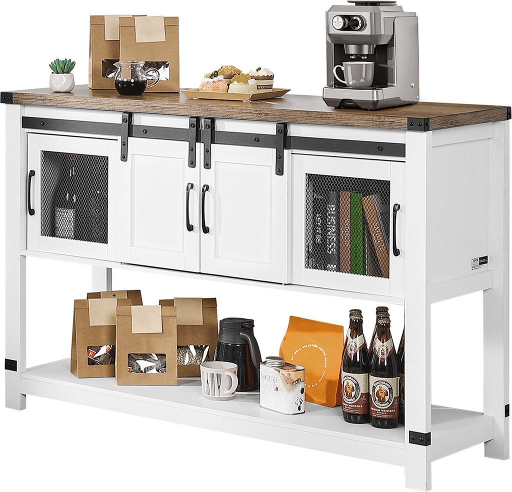 A farmhouse-style coffee bar cabinet with sliding barn doors and shelves, decorated with coffee-related items and accessories.