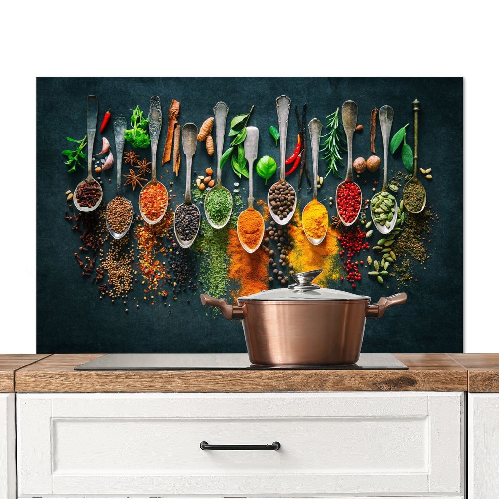 KitchenYeah Spritzschutz Küche - Küchenrückwand - Wandschutz für Herd und Spüle - Löffel - Gewürze - Farbenfroh - Gewürze 100x65 - Alu-Di...
