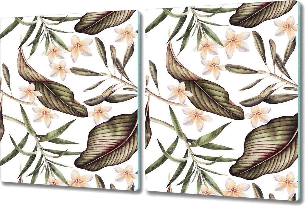Glas-Herdabdeckplatte Glaskeramikkochfeld-Abdeckung - 2x 40x52 cm - Tropische Blätter und Blumen