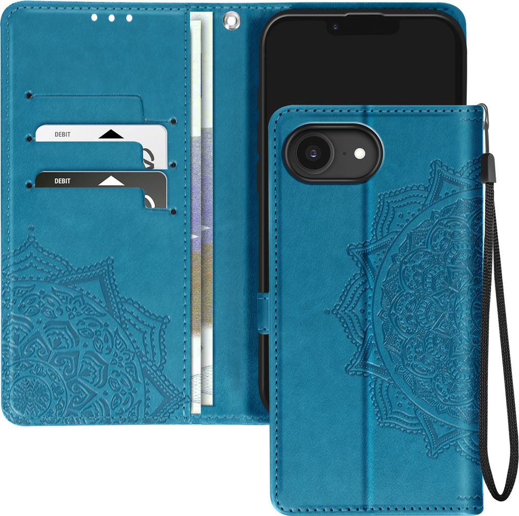 A teal blue wallet-style phone case with a mandala design is shown open, revealing card slots and a phone holder. The phone itself is not visible.