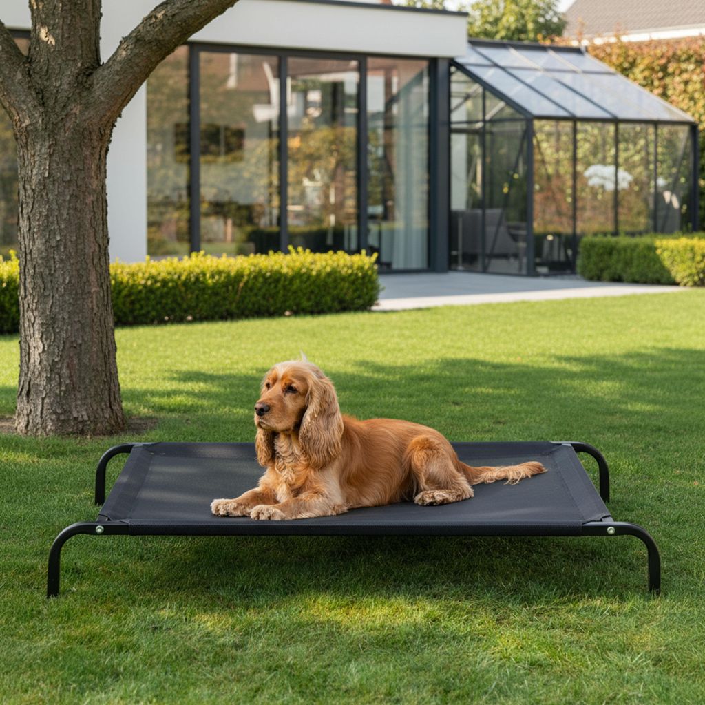 belviona Hundeliege erhöht, wetterfestes Outdoor-Hundebett mit stabilem Metallrahmen, atmungsaktiv & pflegeleicht, 106x62 cm, schwarz