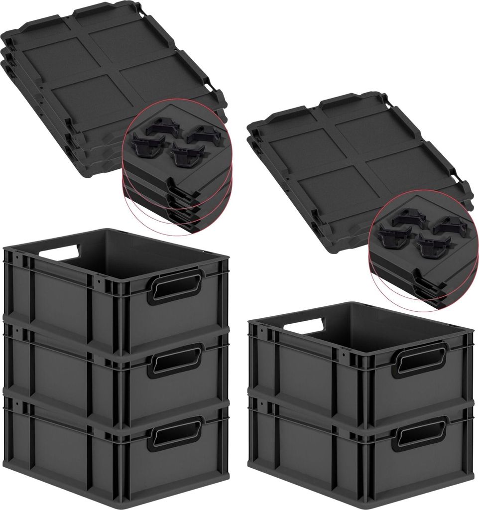 SparSet 5x Eurobox NextGen Color mit Auflagedeckel und Schiebeschnappverschlüsse | HxBxT 17x30x40cm | 16 Liter | Schwarz | Griffe schwarz offen | ...