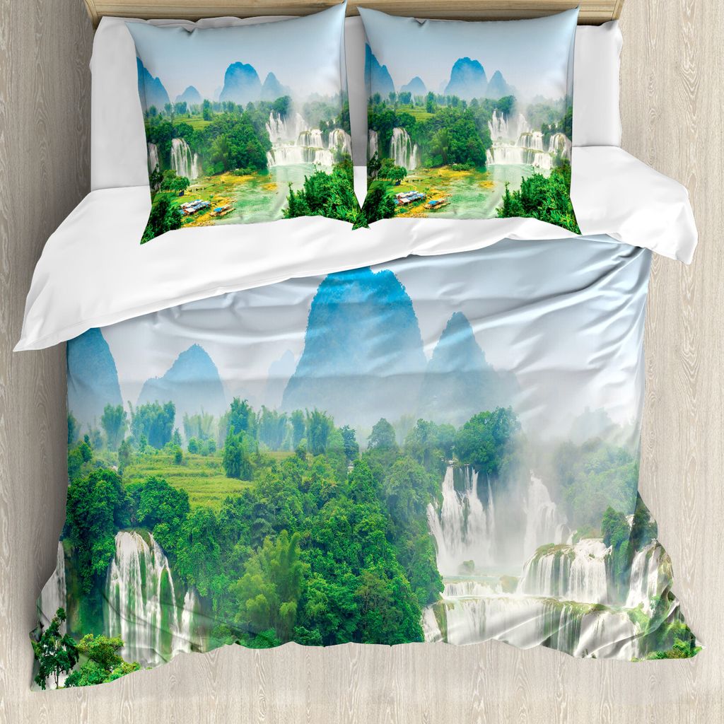 ABAKUHAUS Natur Bettbezug, Misty Dschungel Wald, Milbensicher Allergiker geeignet mit Kissenbezügen, 155 cm x 220 cm - 80 x 80 cm, Fern Green Mult...