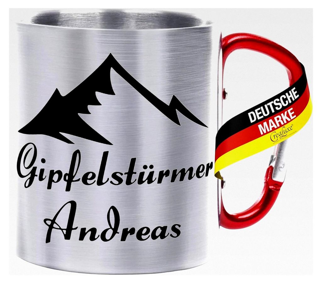 Crealuxe Edelstahltasse mit Karabiner – Gipfelstürmer (Wunschname) – Kaffeebecher – individuell mit Spruch, Name oder Foto – 330 ml