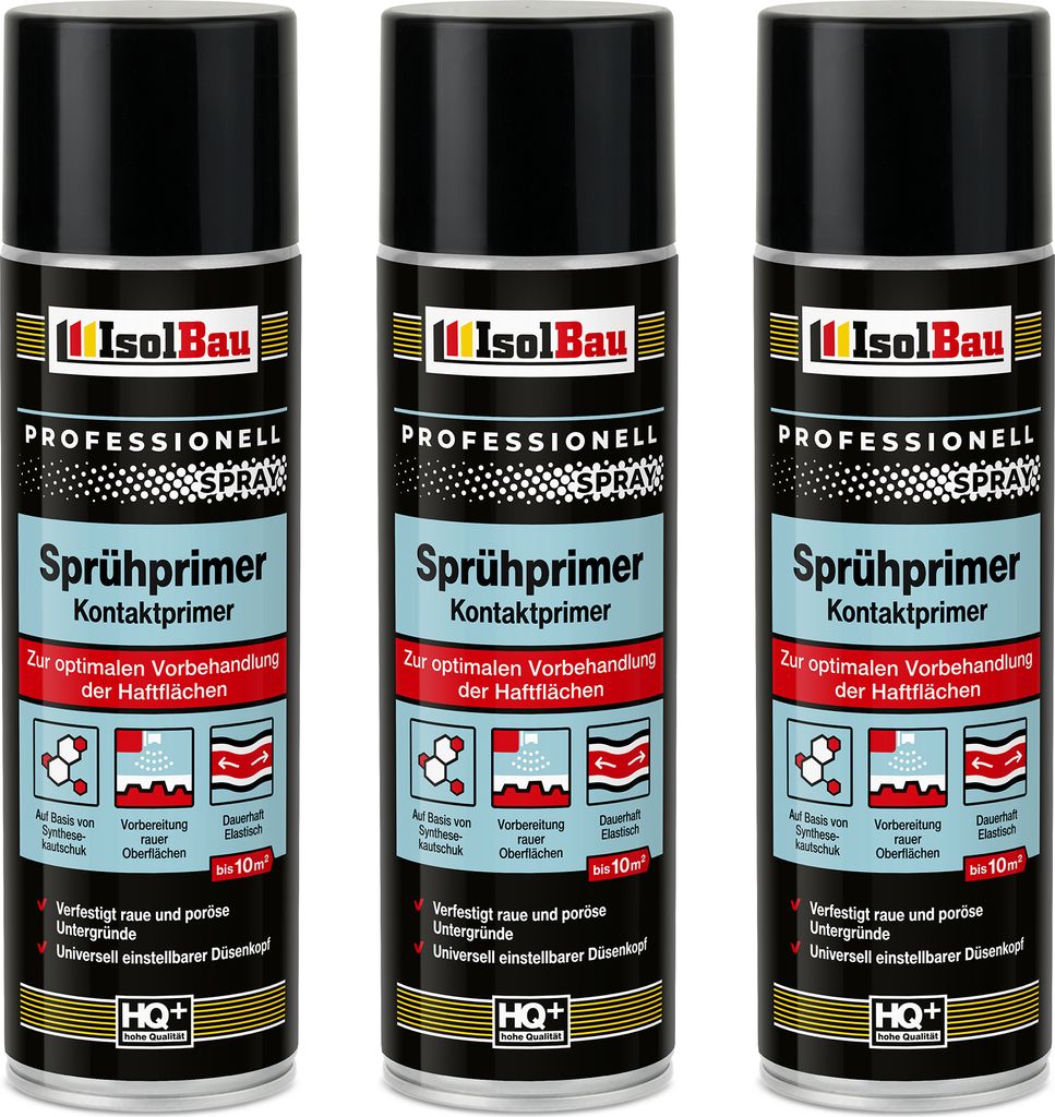 Isolbau Sprühprimer - 3 x 500 ml Kontakt-Primer zur Vorbehandlung der Haftflächen - Haftvermittler für Glas, Holz, Metall, Mauerwerk, PVC, Beton...