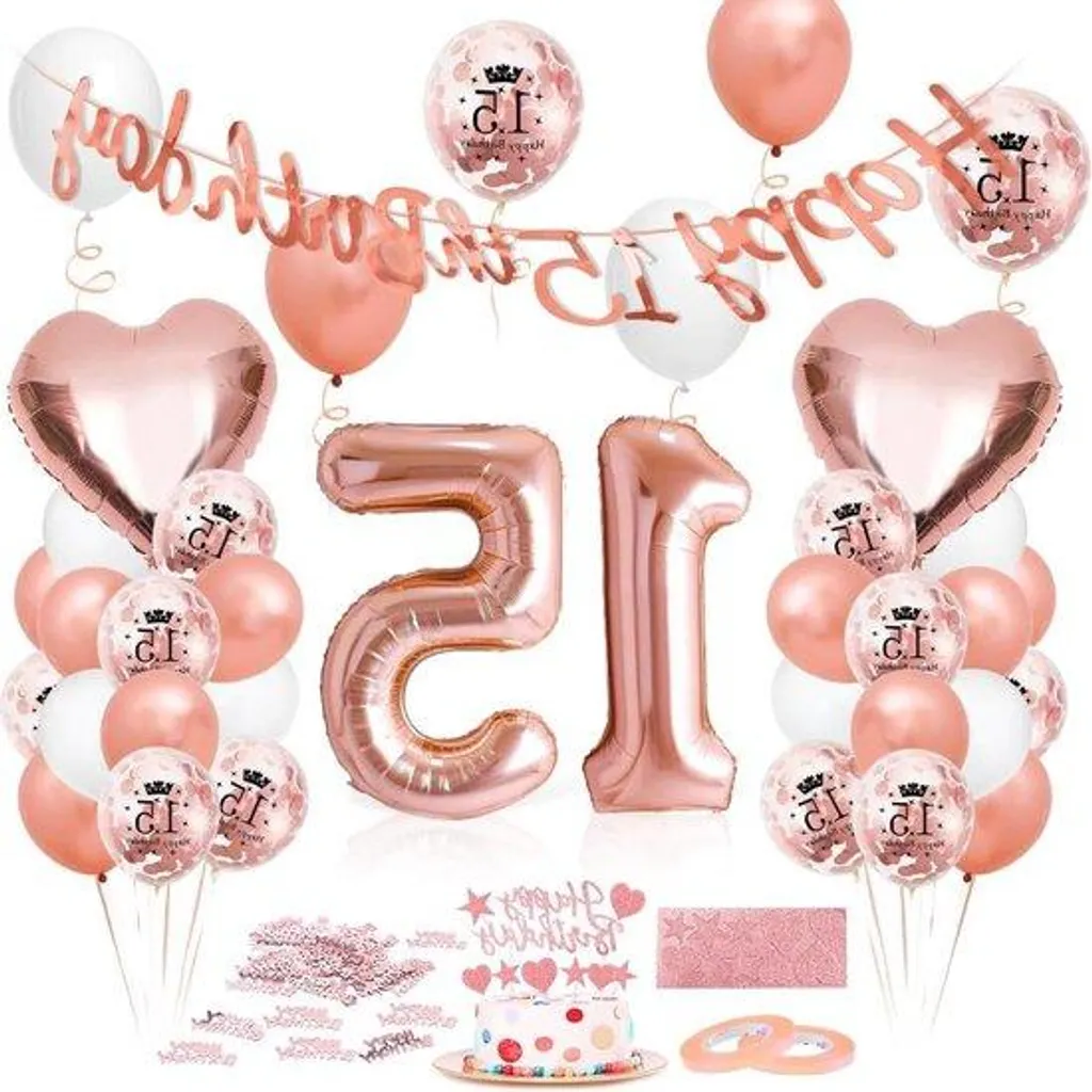 Grand ballon anniversaire 15 ans hélium or rose pour fête adolescente