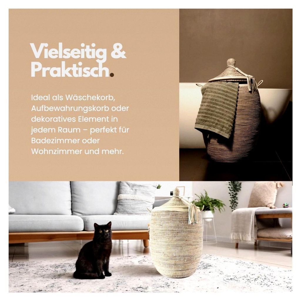 Afrikanischer Wäschekorb mit Deckel | Geflochtener Korb Mbour | Handgefertigt aus Savannengras und Kunstleder | Nachhaltig produziert | Vielseitig...