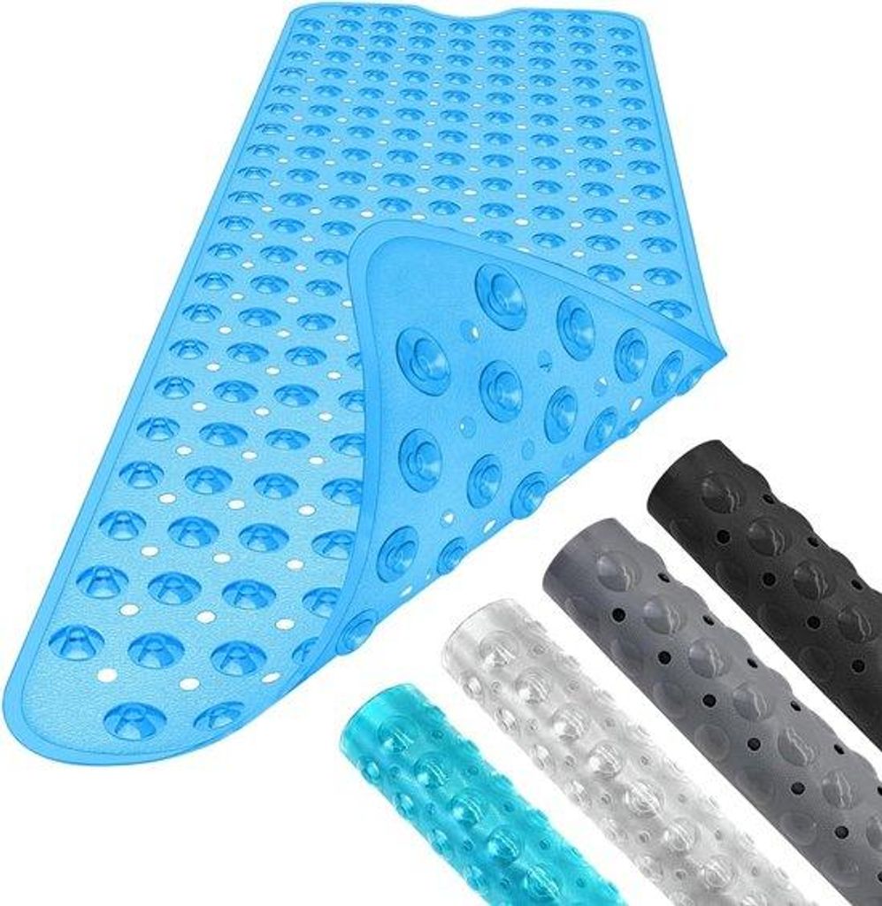 Antislip-Badmat, 100 x 40 cm, lang, maschinell waschbar, transparent blauw, mit Abflusslöchern