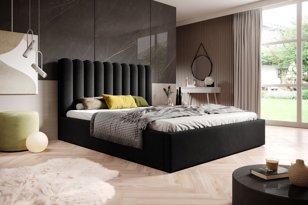 BESILIO Bett mit hohem Kopfteil für Schlafzimmer 120x200 Lumi - Lattenrost mit Bettkasten - Schwarz & Magic Velvet 2219