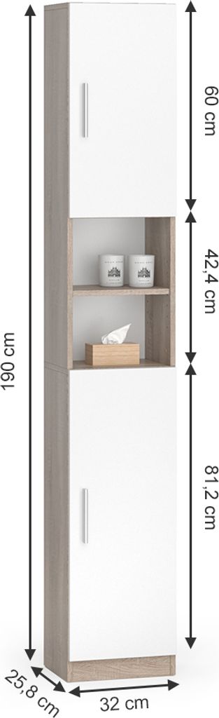 Mobile Bagno Alto Luis Vicco - Colonna Con 2 Ante E Ripiani, 32x190cm, Bianco/Sonoma