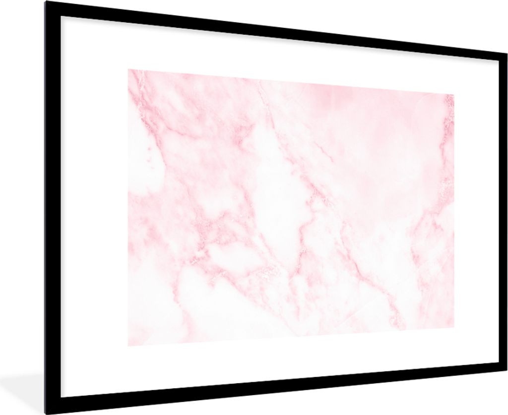 MuchoWow Gerahmtes Poster Marmor - Weiß - Rosa - Chic - Marmoroptik 90x60 cm - Poster mit Schwarzem Bilderrahmen Wandposter Rahmen Foto Bilder -...