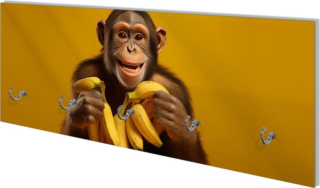 Wallario Flurgarderobe Wandgarderobe aus Glas, mit 5 Haken, Größe 80 x 30 cm, Motiv Glücklicher Bananenfan