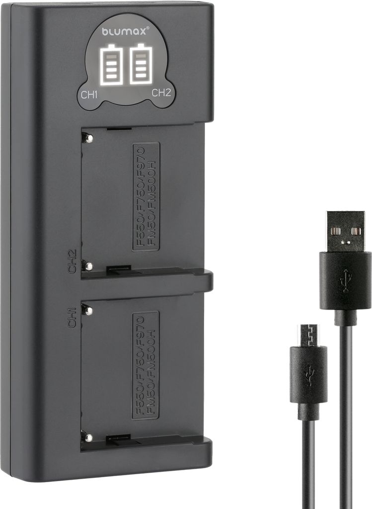 Blumax Dual LCD Ladegerät | für Sony NP-F970/NP-F750/NP-F550 Laden über USB-C oder Micro-USB