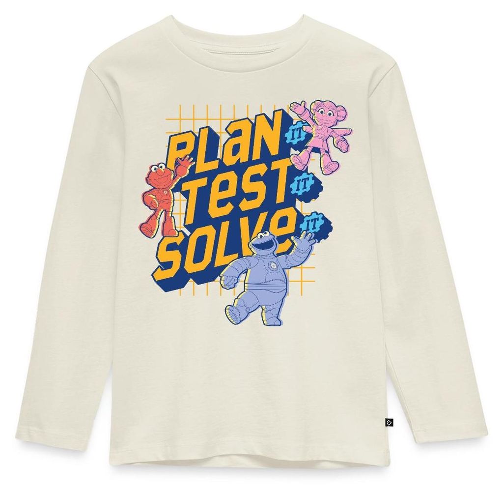 Spreadshirt Mecha Builders Team Plan It Solve It Kinder Premium Langarmshirt, 134/140 (8 Jahre), Naturweiß