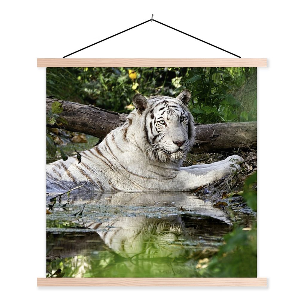 MuchoWow Textilposter Weißer Tiger im Wasser 120x120 cm mit holzfarbenen Rahmen - Textil-Poster