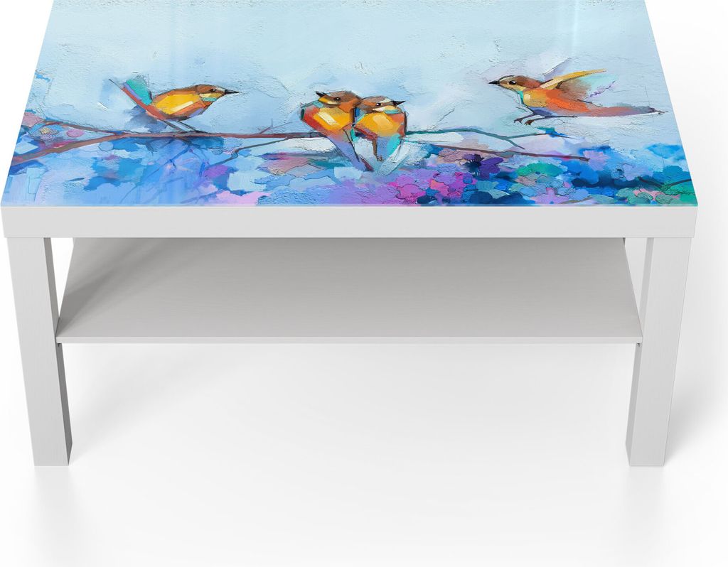 DEQORI Couchtisch 90x55 cm Weiß 'Vier Vögel auf Ast' Glas Beistelltisch