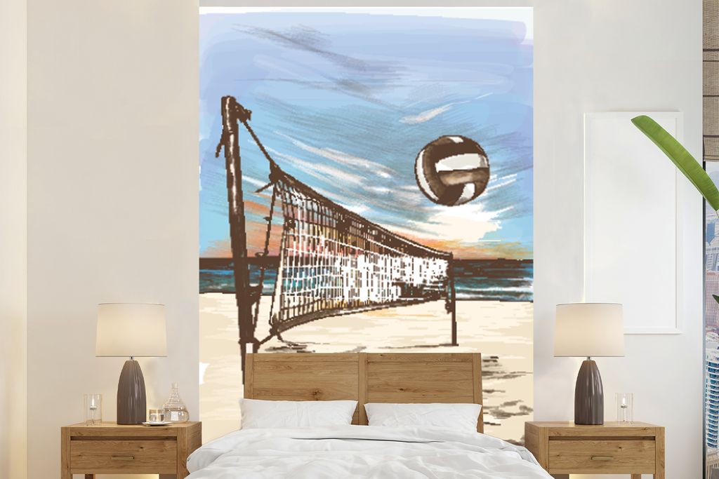 MuchoWow Fototapete für Wohnzimmer oder Schlafzimmer Wandtapete Vinyl Motivtapete Volleyball - Strand - Netz - 145x220 cm - Wanddekoration