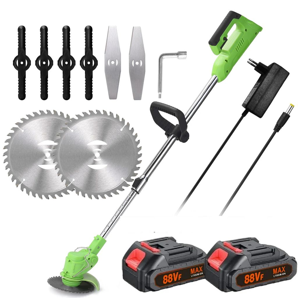 Rasentrimmer, Akku-Rasentrimmer, 21V Elektro Trimmer mit 2X 2,0 Ah Akku und Ladegerät, Rasenkantenschneider mit 3 Arten von Schneidklingen,Grün