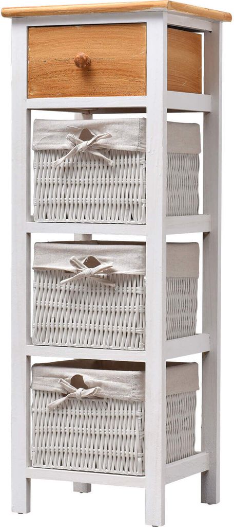 A tall, narrow storage unit with a wooden top, one drawer, and three woven baskets with fabric liners.