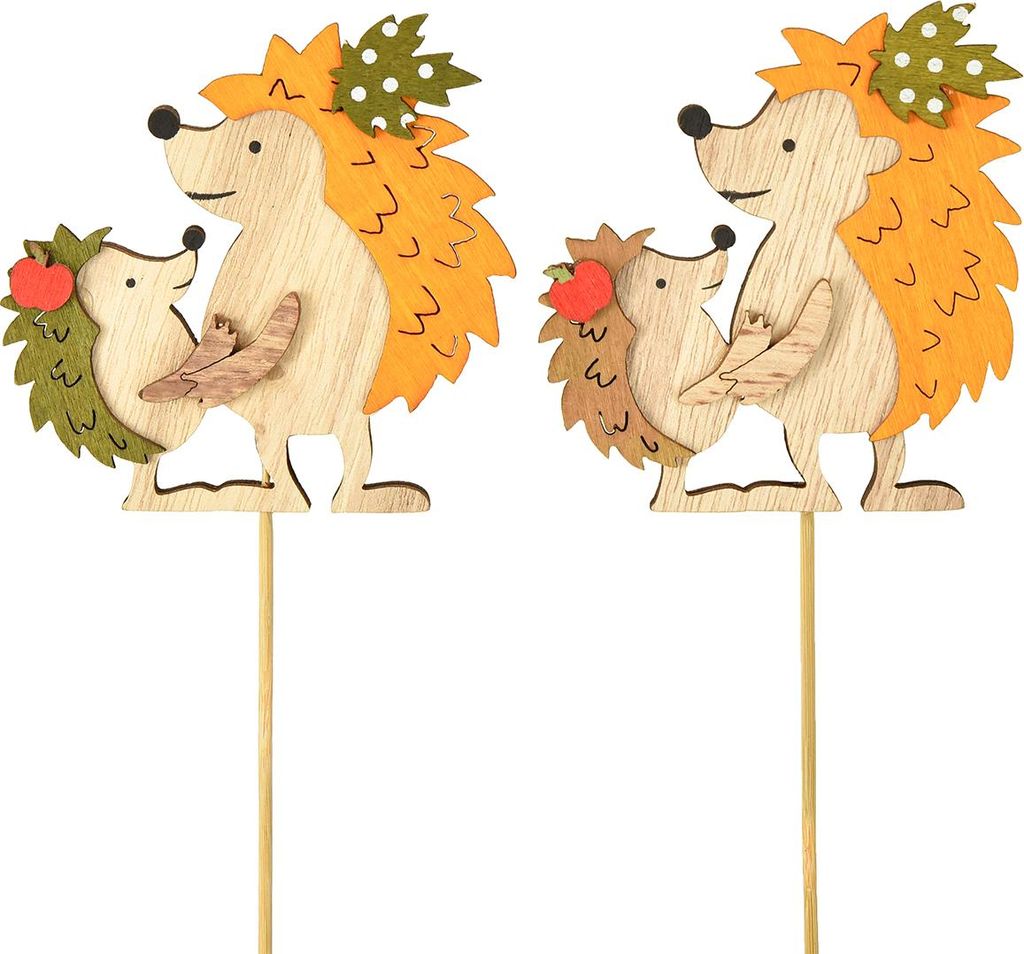 Blumenstecker Igel mit Kind Herbstdeko aus Holz 8,5cm Set 8 Stk Pflanzenstecker, PK8 Stück