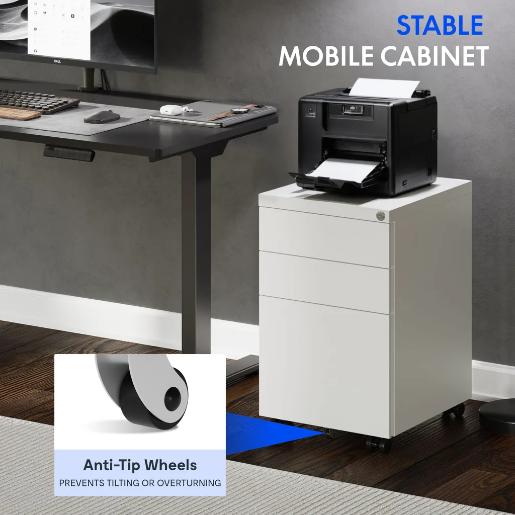Cassettiera Bianca FlexiSpot per Casa e Ufficio - 3 Cassetti Sicuri - 3