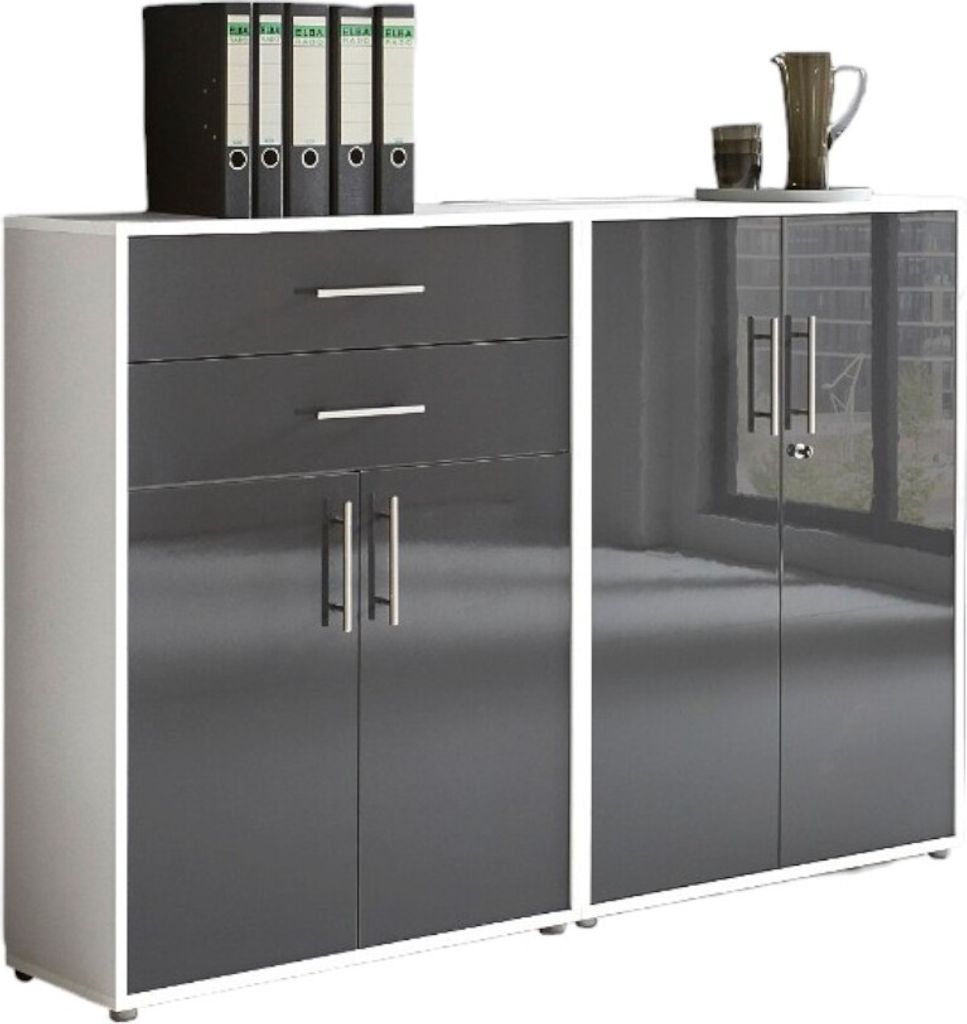 Aktenschrank TABOR 12 in weiß / anthrazit Hochglanz, Schrankwand, Büroschrank, abschließbar, Metallgriffe