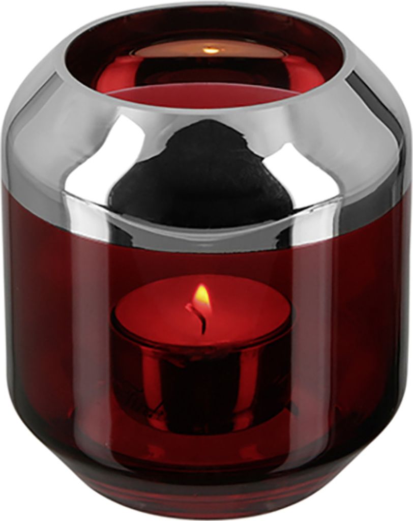 Fink SMILLA, Teelichthalter, Vase, Glas, Silberfolie, glatt, rot, silberfarben, L. 9 cm, B. 9 cm, H. 9 cm, D. 9 cm 116091