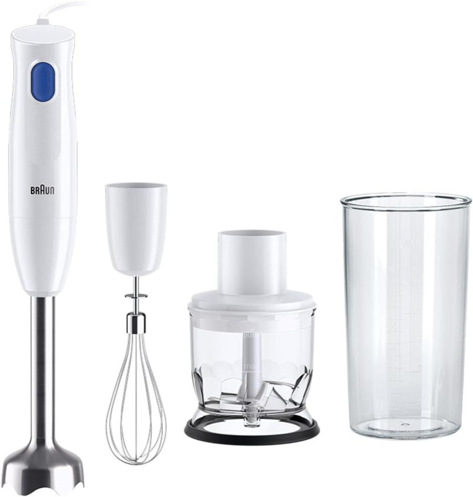 3-in-1 Stabmixer 450W mit Edelstahl-Mixfuß, Zerkleinerer 350ml, Schneebesen und 600ml Mixbecher, Leichtes Design in Weiß