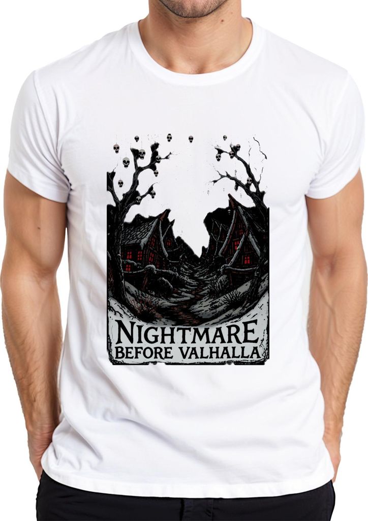 Nightmare Before Valhalla Wikinger Totenköpfe nordisch Halloween Herren T-Shirt, Weiß, L