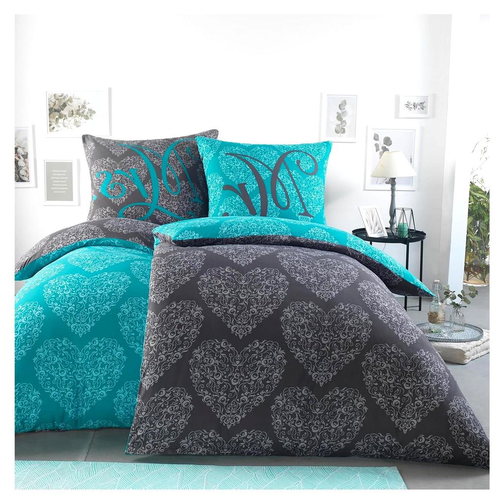 Mikrofaser Partner Bettwäsche mit Wendemotiv | 2X 135x200 Bettbezug + 2X 80x80 Kissenbezug | 4-teiliges Mikrofaser Bettwäsche Set für Paare | De...