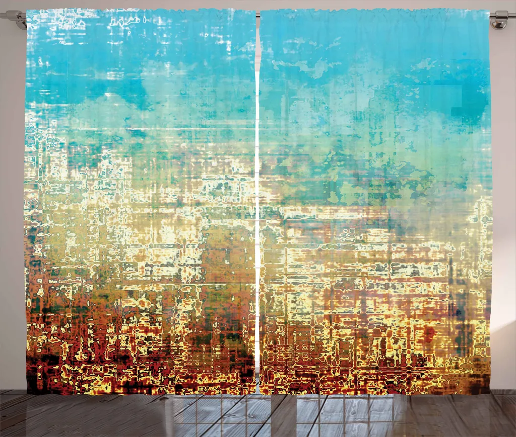 ABAKUHAUS Tenda colorata rustica, arte contemporanea grunge, tenda con passanti e ganci per camera da letto, 280 x 175 cm, marrone giallo