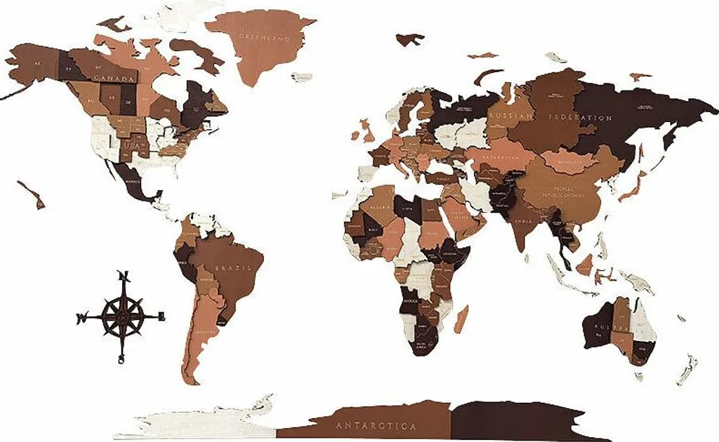 Carte du monde 3D adhésive bois - Décoration murale sans perçage ni trous