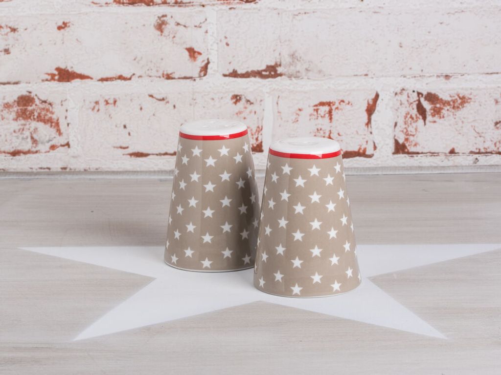 Krasilnikoff Salz & Pfeffer Streuer Sterne taupe Porzellan sand weiß Stern