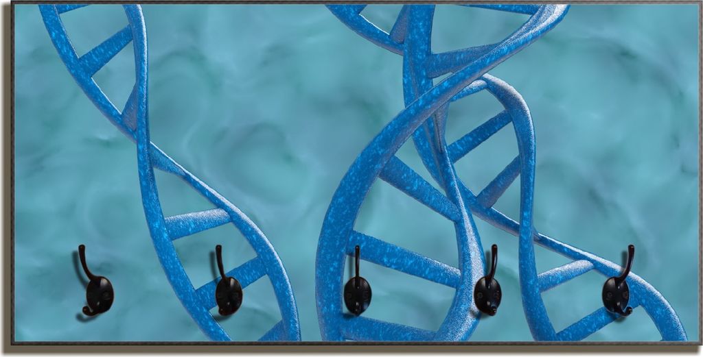 Wallario Flurgarderobe Wandgarderobe aus Holz, mit 5 Haken, Größe 80 x 40 cm, Motiv DNA-Strang in blau auf türkisem Hintergrund