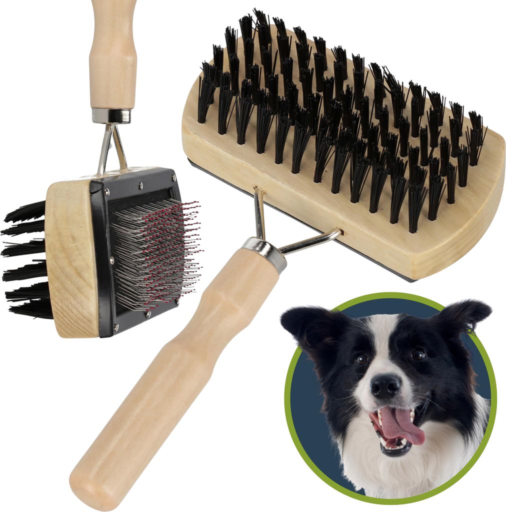 2in1 ZWEISEITIG Bürste mit Holzgriff ZUM BÜRSTEN VON FELL von Hunde und Katzen, NATÜRLICHE BORSTEN