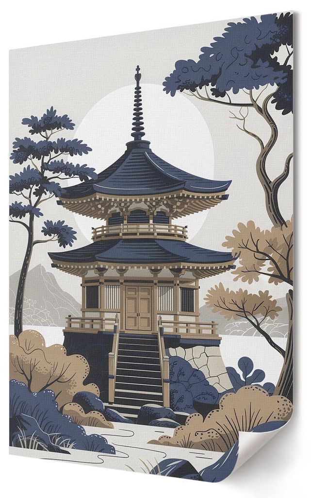 Japanischer Tempel- Kunstdruck A4 - Dekorativ, japanisch- Wandbild für Wohnzimmer Schlafzimmer & Flur, Modernes Poster Wanddeko, Ungerahmt