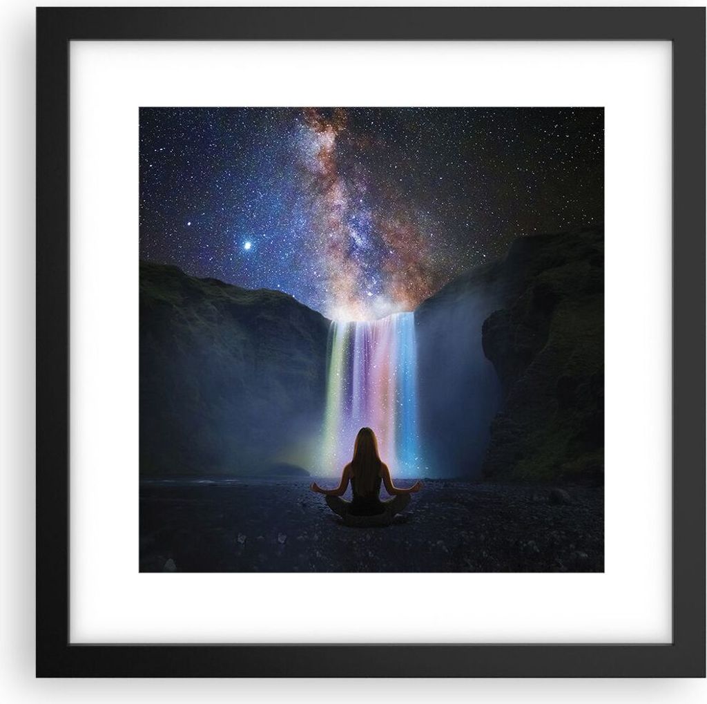 Gerahmtes Poster - Schwarzer Rahmen - Wasserfall die Sterne Meditation - 30x30 cm - Wand Bild - Wanddeko - Wandbilder - Kunstposter - Wandposter - ...