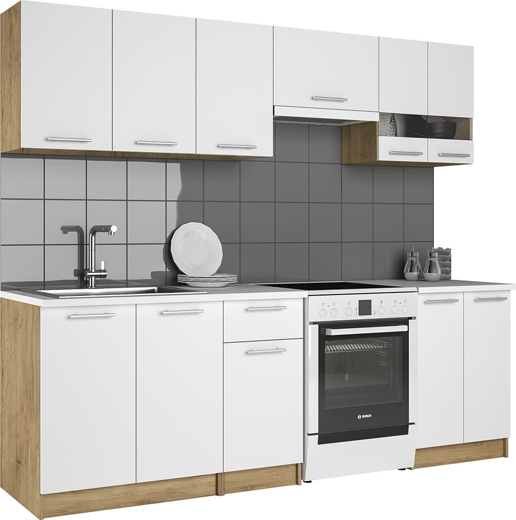 A modern kitchen unit with white cabinets and a wood grain accent.
