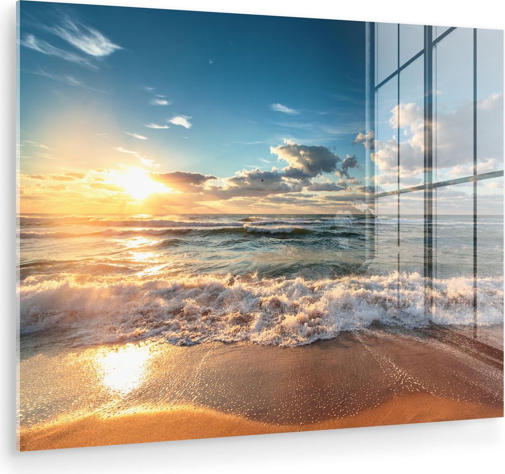 MuchoWow Glasbilder - Bilder auf Wandbild - Foto auf Glas Strand - Meer - Sonnenuntergang 80x60 cm Wanddekoration aus Glas - Acrylglasbild - Acrylb...