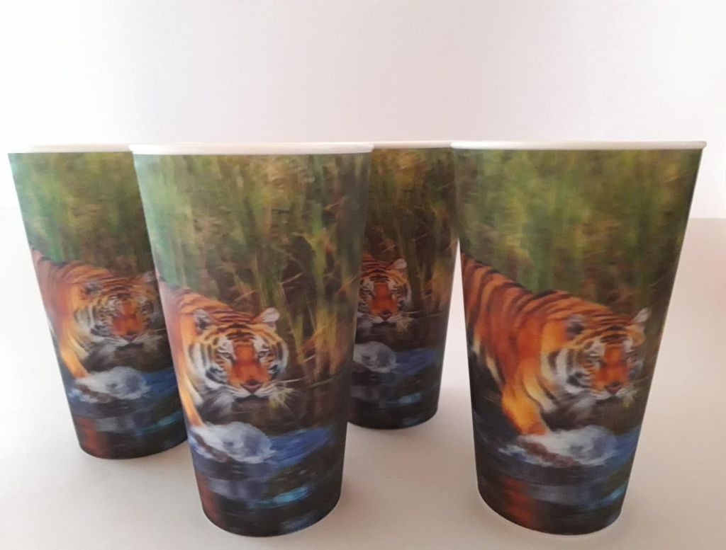 4 Becher Tiger, 3D Optik, Raubkatze Tiere, Trinkbecher Plastikbecher, Geburtstag, wiederverwendbar