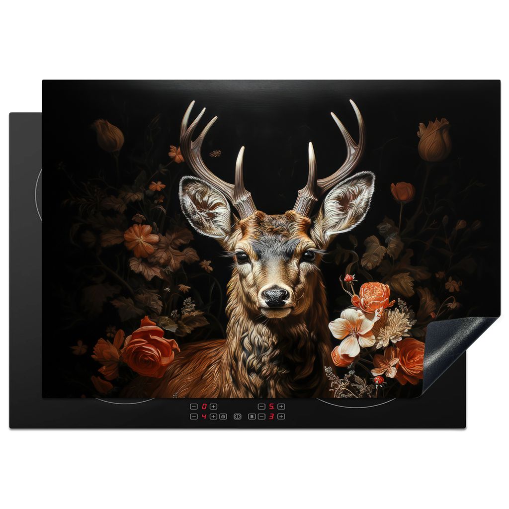 KitchenYeah Herdabdeckplatte Hirsch - Tier - Blumen - Natur - Botanisch , 75x52cm, Küche Deko, Glaskeramikkochfeld Herdabdeckung, Abdeckplatte f...