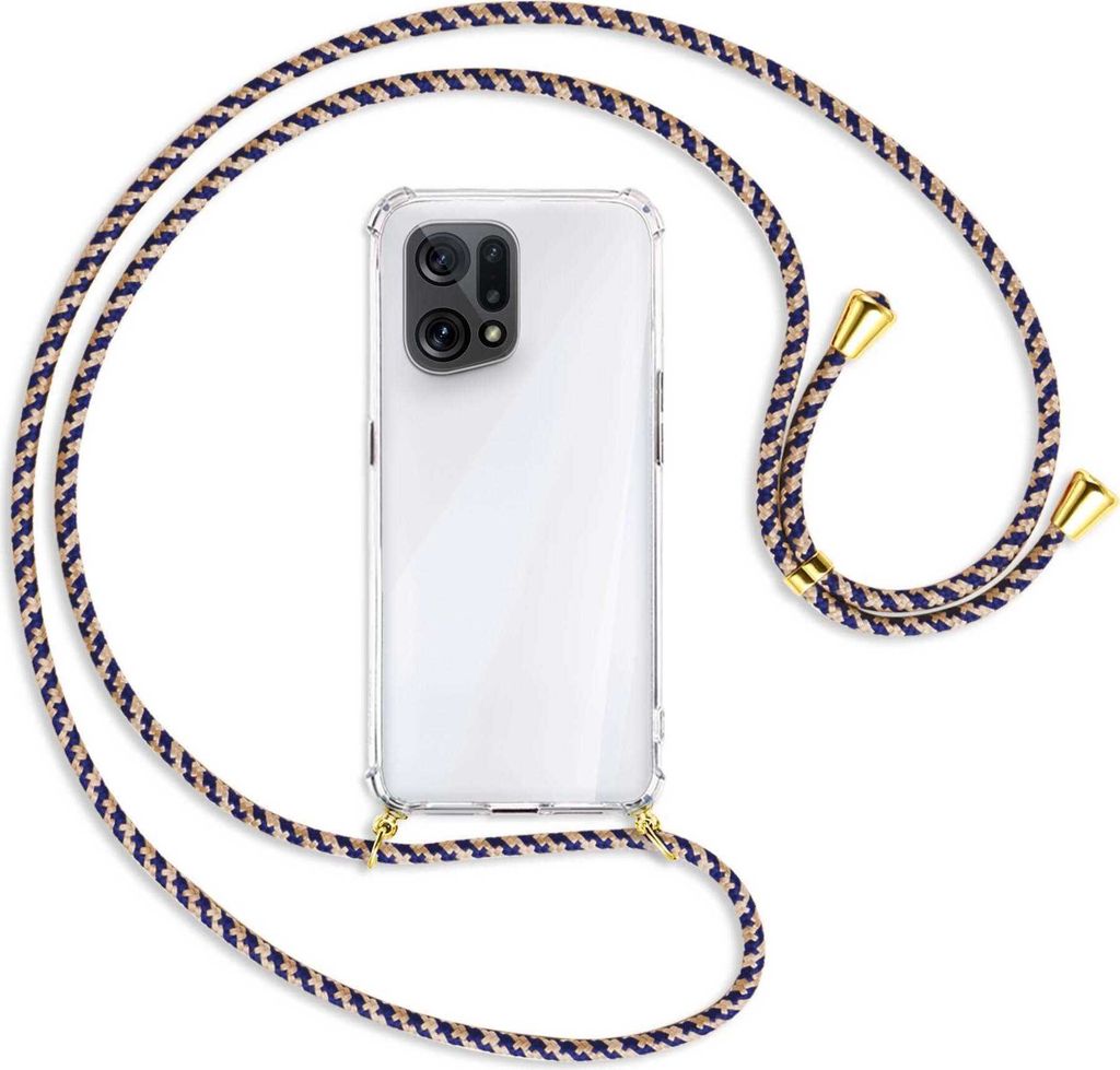 Handykette Backcover-Schutzhülle mit Band (Metall goldfarben) für Oppo Find X5 - blau+beige