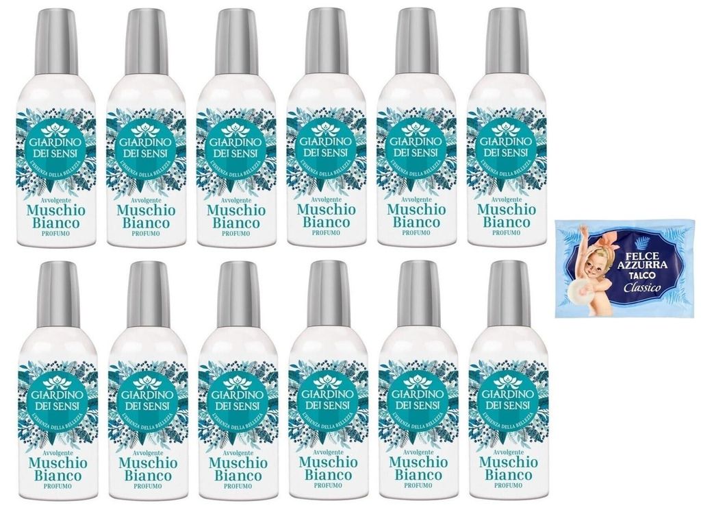 12er-Pack Giardino dei Sensi Profumo Muschio Bianco,Parfum für Damen Weißer Moschus 100ml + 1er-Pack Felce Azzurra Talkumpuder, 100g-Beutel